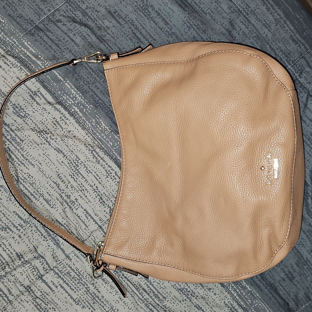 KATE SPADE Tan Beige Pebbled Leather Shoulder Hobo Bag Zip Top